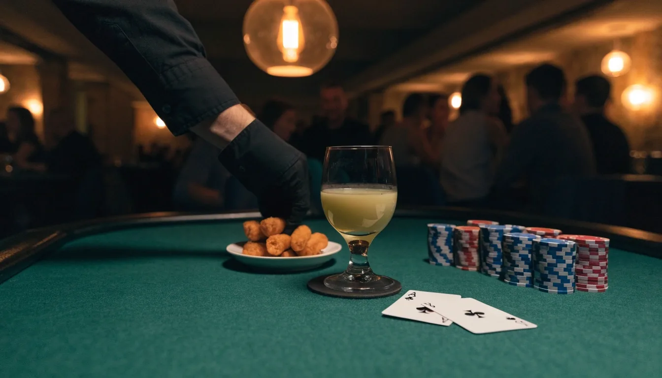 Stolik do gry w strefie pokerowej z kartami i przekąskami obok