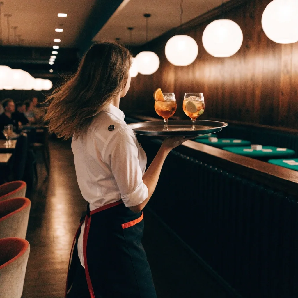 Kelnerka roznosząca zamówienia między stolikami w lounge