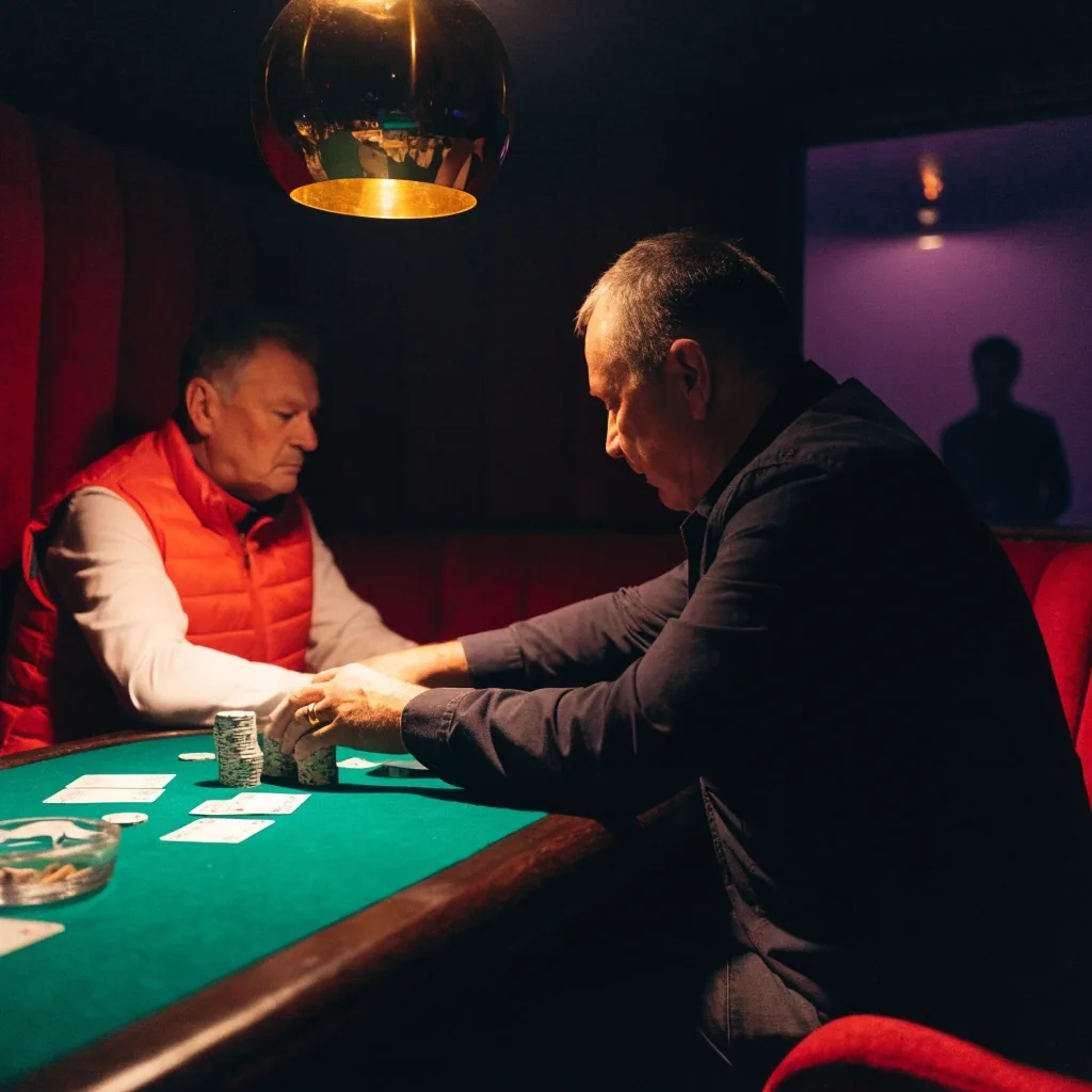 Stół do pokojowej gry w karty w sali na tyłach lounge, karty i żetony w ciepłym świetle lampy