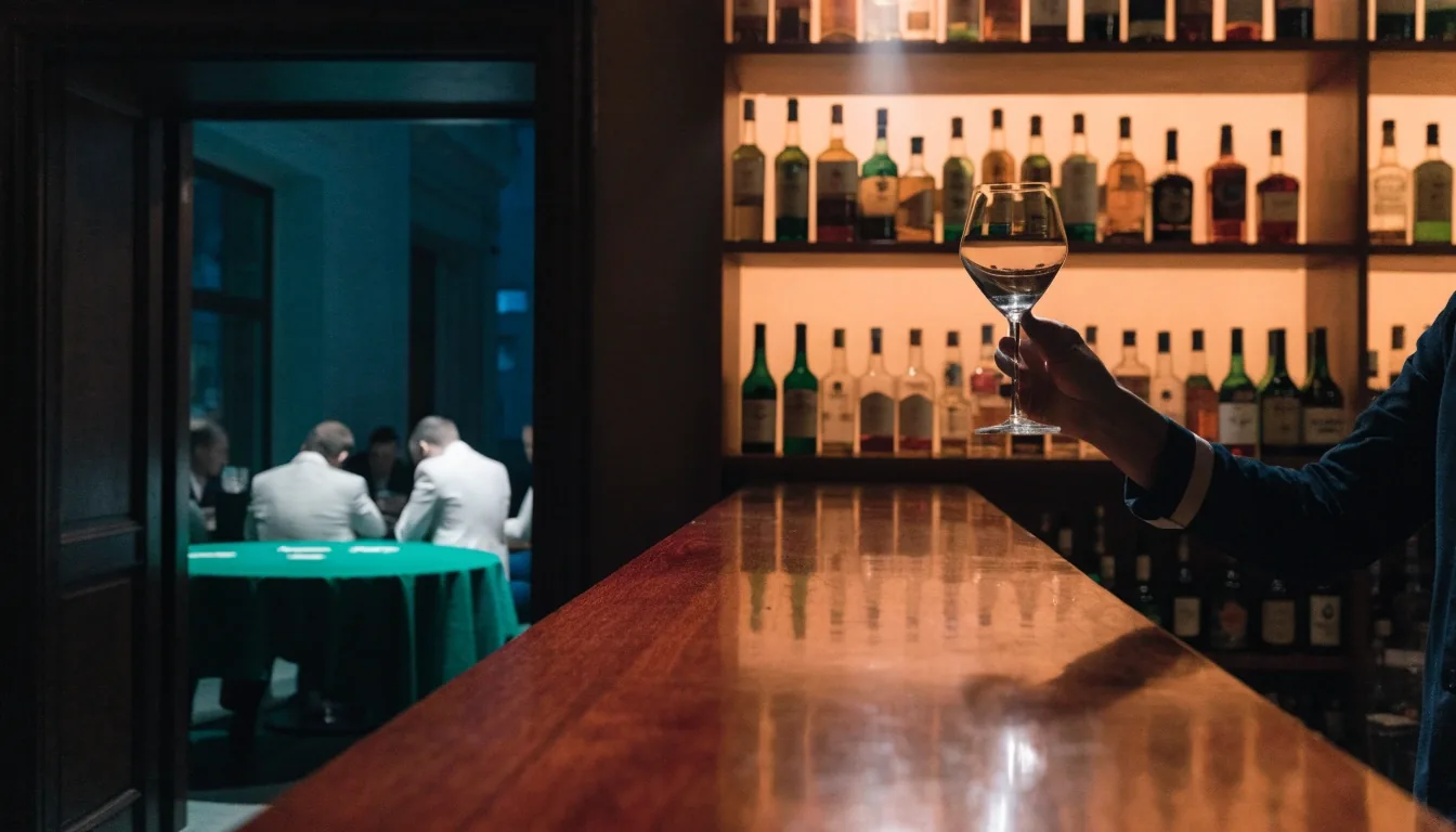 Ciemna sala lounge z podświetlaną ladą